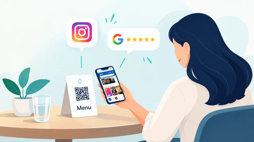 A customer scans the QR on the table and, from the menu, follows the restaurant on Instagram and gives it 5 stars on Google.