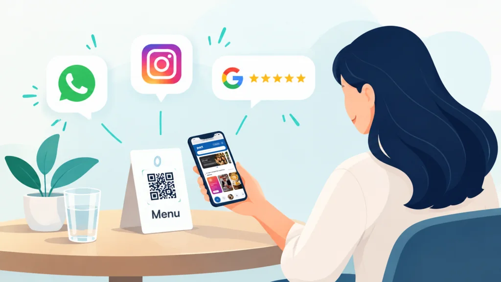 Una clienta escanea el QR de la mesa y desde el menú deja su WhatsApp, sigue al local en Instagram y le pone 5 estrellas en Google.